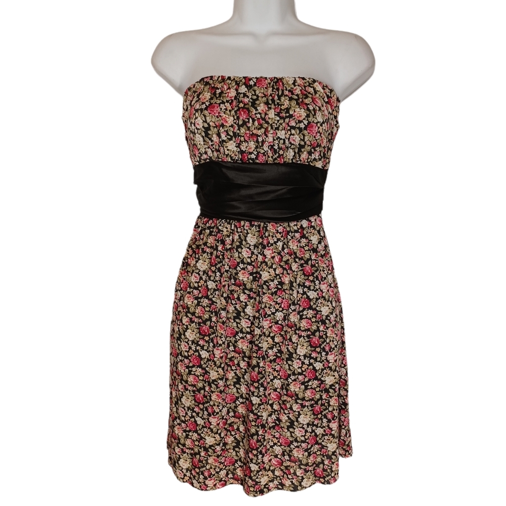 GONDOLA BLU Pink Green Floral Print Strapless Black Belted Dress X-Small